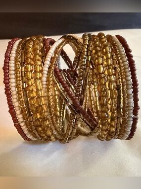 Hand Crafted Wide Beaded Multi-Strand Adjustable Cuff Bracelet